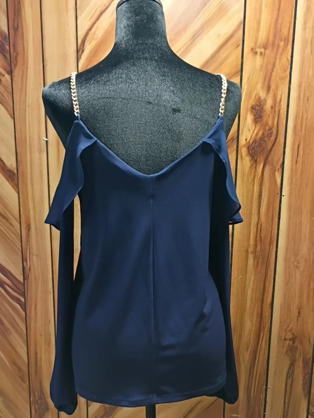Michael Kors Ruffle Cold Shoulder Gold Chain Top Navy Blue Size S